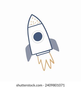 Cartoon hand drawn rocket in space. Vector illustration in doodle style