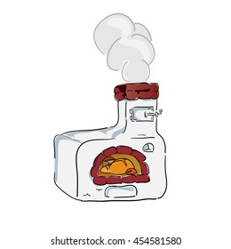 Cartoon hand drawn russian oven with bread vector illustration. Can be use for logo.