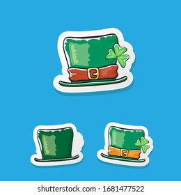 cartoon hand drawn saint patriks hat set isolated on blue background. st. patriks day sticker