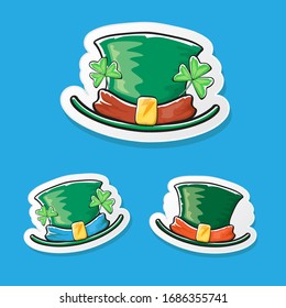 cartoon hand drawn saint patriks hat set isolated on blue background. st. patriks day sticker