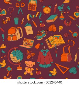 cartoon hand drawn school abstract pattern. Seamless pattern with alarm clock, bags, glasses, stars, books. back to school, on brpwn background