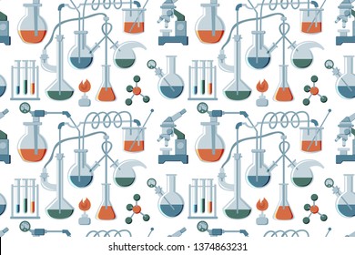 Cartoon hand drawn Science seamless pattern. Colorful flat, with lots of objects on white background. Endless texture vector illustration. Halftone colors scientific backdrop.