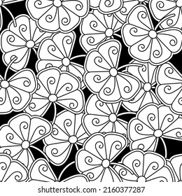 Cartoon, handgezeichnet, nahtloser Hintergrund. Farbige Buchseite. Abstrakte Blumen, Blätter. Doodle-Muster für, Gewebe und andere Oberflächen. Vektorgrafik