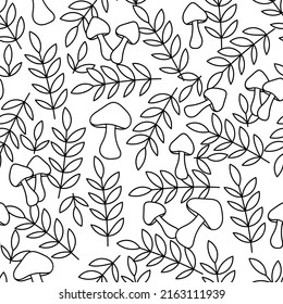 Cartoon hand drawn seamless background. Coloring page . Mushrooms and branches with leaves . Vector illustration.