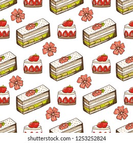 Cartoon hand drawn seamless pattern with cakes