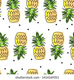 сute cartoon hand drawn SEAMLESS PATTERN doodle style pineapple tropical exotic fruit print