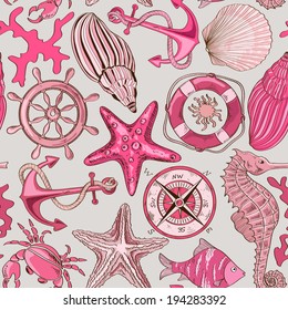 Cartoon hand drawn seamless pattern of sea animals and nautical elements