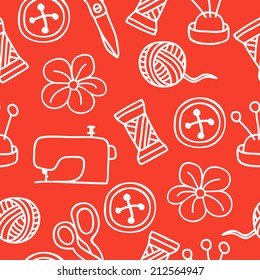 Cartoon Hand Drawn Seamless Pattern with Sewing and Tailoring Elements. Vector Illustration