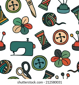 Cartoon Hand Drawn Seamless Pattern with Sewing and Tailoring Elements. Vector Illustration