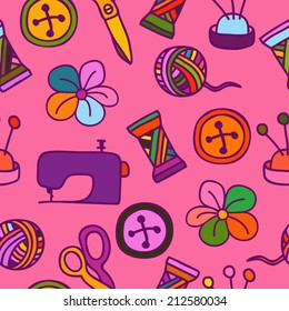 Cartoon Hand Drawn Seamless Pattern with Sewing and Tailoring Elements. Vector Illustration