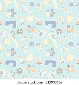 Cartoon Hand Drawn Seamless Pattern with Sewing and Tailoring Elements. Vector Illustration