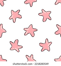 Cartoon hand drawn seamless pattern decorated pink stars on white background. Vector illustration for wallpaper, wrap, fabric, cover, textile or package design. Baby shower decoration.