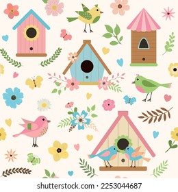 Cartoon hand drawn seamless pattern with birds, bird houses, flowers, leaves. Design for wallpapers, invitations, greeting cards, and posters.