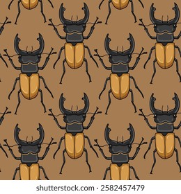 Cartoon hand drawn seamless pattern of a Stag beetle