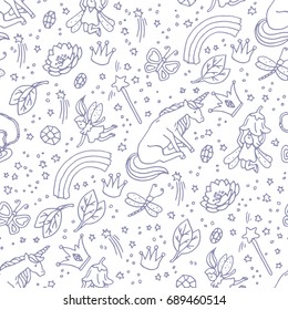 Cartoon hand drawn seamless pattern for girl with fairy, unicorn, flower, crown, butterfly, diamond and star. Lots of symbols and elements. Hand-drawn lilac elements isolated on white background.