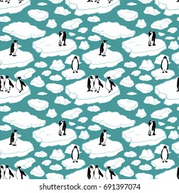 Cartoon hand drawn seamless pattern with penguines and sea ice. Outline polar drift ice with groups of penguines on turqouise background. Lots of symbols and elements. Wild Animal's pattern.