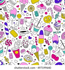 Cartoon hand drawn seamless vector pattern with doodle sweets icons items. Vector  background with cute elements. Funny children drawing. Can be used wallpaper, cloth design, fabric, textile, backdrop