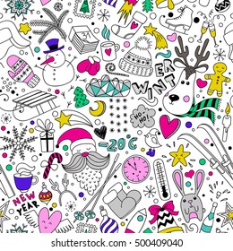 Cartoon hand drawn seamless vector pattern with doodle winter icons items. Vector  background with cute elements. Funny children drawing. New year wallpaper, cloth design, fabric, textile, backdrop