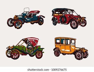 Cartoon hand drawn set with isolated elements: vintage cars and wheel. Vector flat illustration