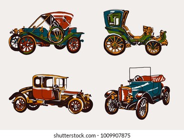 Cartoon hand drawn set with isolated elements: vintage cars and wheel. Vector flat illustration