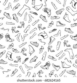 Cartoon hand drawn SHOES seamless pattern. Lots of symbols, objects and elements. Hand-drawn monochrome black and white background, EPS 10. Different kind of shoes. Isolated on white background.