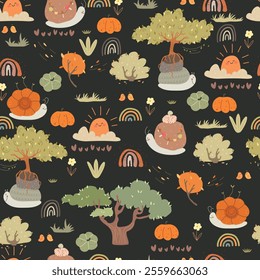 Cartoon hand drawn snailsand nature , seamless pattern. Plants, animals, rainbows, vegetables cute fall pattern. Vector illustration.