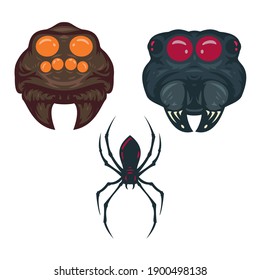 Cartoon hand drawn spider head isolated on white background. Design minimalistic element for logo, badge, icon. Vector illustration.