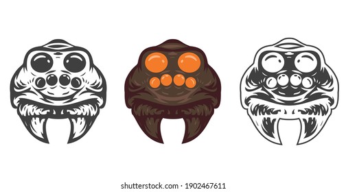 Cartoon hand drawn spider head isolated on white background. Design minimalistic element for logo, badge, icon. Vector illustration.