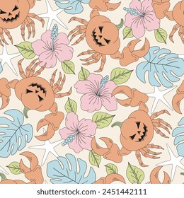 Cartoon hand drawn spooky marine creature pumpkin shape crab with palm tree leaves and hibiscus flower vector seamless pattern. Retro groovy line art drawing style October 31st party trick or treat