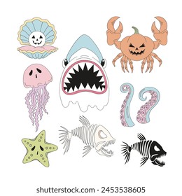 Cartoon hand drawn spooky marine animals underwater creatures vector illustration set isolated on white. Retro groovy scary opened pearl shell jellyfish starfish shark pumpkin shape crab octopus