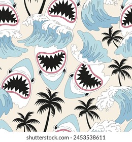 Cartoon hand drawn spooky marine animal shark fish with palm trees and foamy waves vector seamless pattern. Retro groovy line art drawing style October 31st party trick or treat event Halloween on the