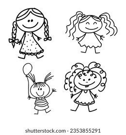 Cartoon hand drawn stick man in different poses vector set.