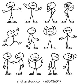Cartoon hand drawn stick man in different poses vector set. Cartoon stick person hand drawn doodle sketch illustration