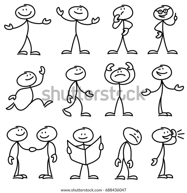 Cartoon hand\
drawn stick man in different poses vector set. Cartoon stick person\
hand drawn doodle sketch\
illustration