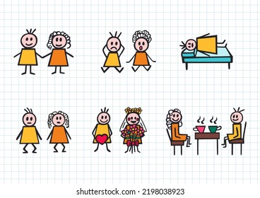 Cartoon hand drawn sticks man and woman in different poses set. Doodle colorful vectors. Grid page.