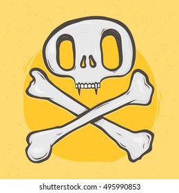 Cartoon hand drawn style skull and bones vector illustration grey on yellow