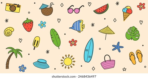 Cartoon hand drawn summer icons. Set with colourful holiday elements. Vector illustration
