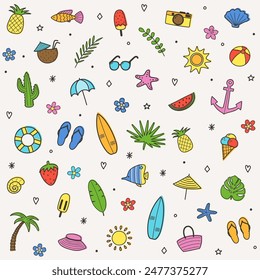 Cartoon hand drawn summer icons. Set with colourful holiday elements. Vector illustration