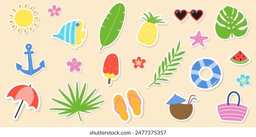 Cartoon hand drawn summer icons. Set with colourful holiday stickers. Vector illustration