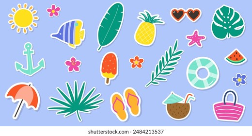 Cartoon hand drawn summer icons. Set with colourful holiday stickers. Vector illustration