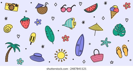 Cartoon hand drawn summer icons. Set with colourful holiday elements. Vector illustration
