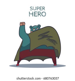 Cartoon Hand Drawn Super Hero Character with Cloak. Vector illustration