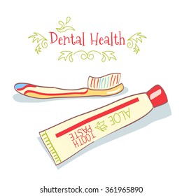 cartoon hand drawn toothpaste and toothbrush on white background