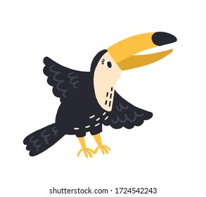 Cartoon hand drawn tucan waving wings vector flat illustration. Colorful exotic bird with big beak isolated on white background. Funny cute flying toucan creature