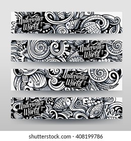 Cartoon hand drawn under water life doodles art. Trace line art detailed, with lots of objects vector 4 horizontal banners templates. 