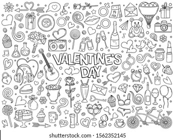 Cartoon hand drawn vector doodle set of Valentine's Day and Love. Ink style sketch illustration for postcard, banner, greeting card, poster and etc. Vector coloring illustration.