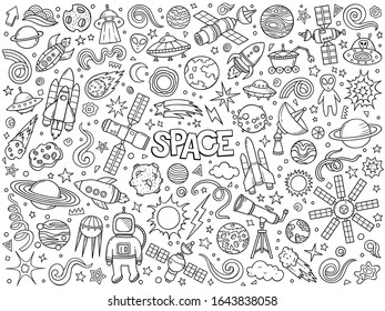 Cartoon hand drawn vector doodle set of Space symbols and objects. Ink style sketch illustration for postcard, banner, poster and etc. Vector coloring illustration.