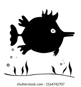 Cartoon, hand drawn, vector doodle illustration of funny fish. Elephant fish