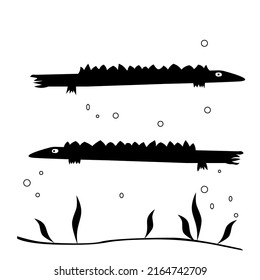 Caricatura, dibujada a mano, ilustración vectorial del doodle de peces divertidos. Anguilas o lampres