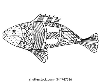 Cartoon, hand drawn, vector doodle illustration of fish. Motive of sea life